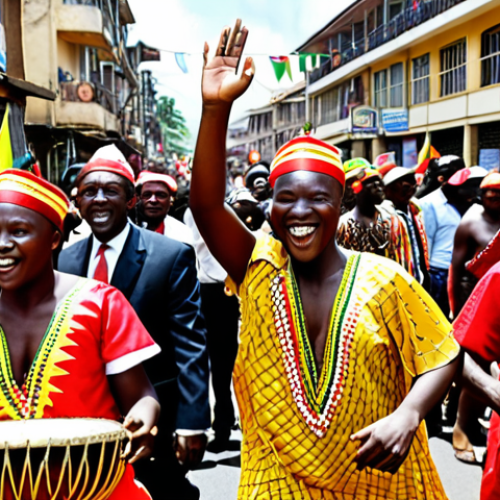 Home 13 **Image Prompt:** A vibrant and energetic street parade celebrating Guinea's Independence Day. People of all ages in colorful traditional Guinean attire, enthusiastically waving national flags. Prominent djembe drummers lead the procession, their powerful rhythms filling the air. The scene is full of joy, national pride, and dynamic movement, capturing the lively atmosphere of a cultural celebration.
