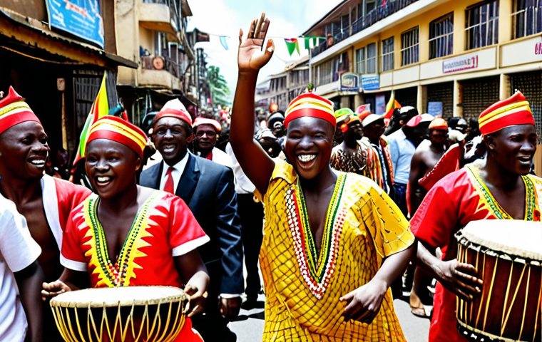 **Image Prompt:** A vibrant and energetic street parade celebrating Guinea's Independence Day. People of all ages in colorful traditional Guinean attire, enthusiastically waving national flags. Prominent djembe drummers lead the procession, their powerful rhythms filling the air. The scene is full of joy, national pride, and dynamic movement, capturing the lively atmosphere of a cultural celebration.