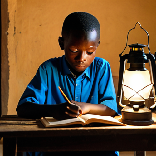Home 8 A young Guinean boy, approximately 8 years old, intensely focused on his studies under the dim light of a small, battery-operated lantern. He is seated at a simple wooden table in a modest, sparsely furnished room during the evening. The boy is wearing modest, clean, and appropriate traditional African attire, fully clothed. The scene captures the quiet determination and challenges faced due to limited electricity access, highlighting the importance of education. The atmosphere is calm and focused. Professional photography, realistic, high quality, perfect anatomy, correct proportions, natural pose, well-formed hands, proper finger count, natural body proportions, safe for work, appropriate content, family-friendly.
