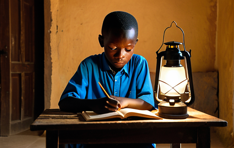 A young Guinean boy, approximately 8 years old, intensely focused on his studies under the dim light of a small, battery-operated lantern. He is seated at a simple wooden table in a modest, sparsely furnished room during the evening. The boy is wearing modest, clean, and appropriate traditional African attire, fully clothed. The scene captures the quiet determination and challenges faced due to limited electricity access, highlighting the importance of education. The atmosphere is calm and focused. Professional photography, realistic, high quality, perfect anatomy, correct proportions, natural pose, well-formed hands, proper finger count, natural body proportions, safe for work, appropriate content, family-friendly.