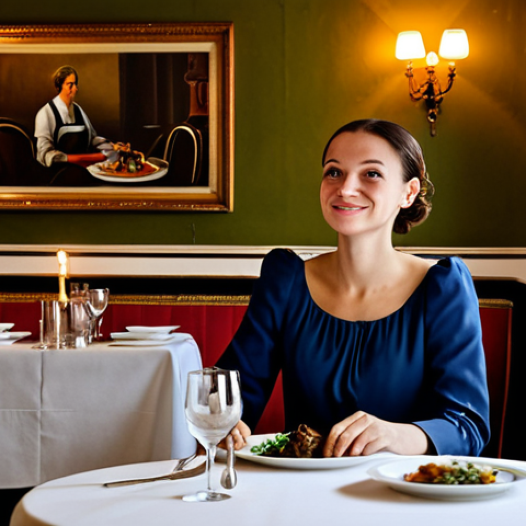 French Restaurant Scene**

"Elegant French restaurant interior in Conakry, Guinea.  A fully clothed woman in a modest dress sits at a candlelit table, enjoying a plate of Coq au Vin. Soft lighting, classic French decor. Safe for work, appropriate content, professional photography, perfect anatomy, natural proportions, fully clothed, modest."

**