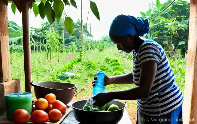 기니 수돗물 및 정수 필수 여부 - **Prompt 1: Adventurous Traveler Using a Portable Water Filter in Guinea**
    "A young adult, solo ...
