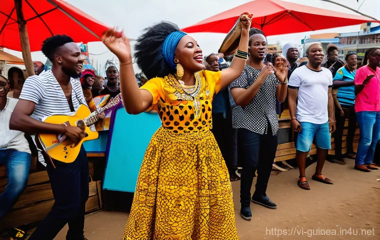 기니에서 인기 있는 유튜브 채널 - **Vibrant Afropop Performance in Conakry:** A dynamic and colorful scene depicting a contemporary Gu...