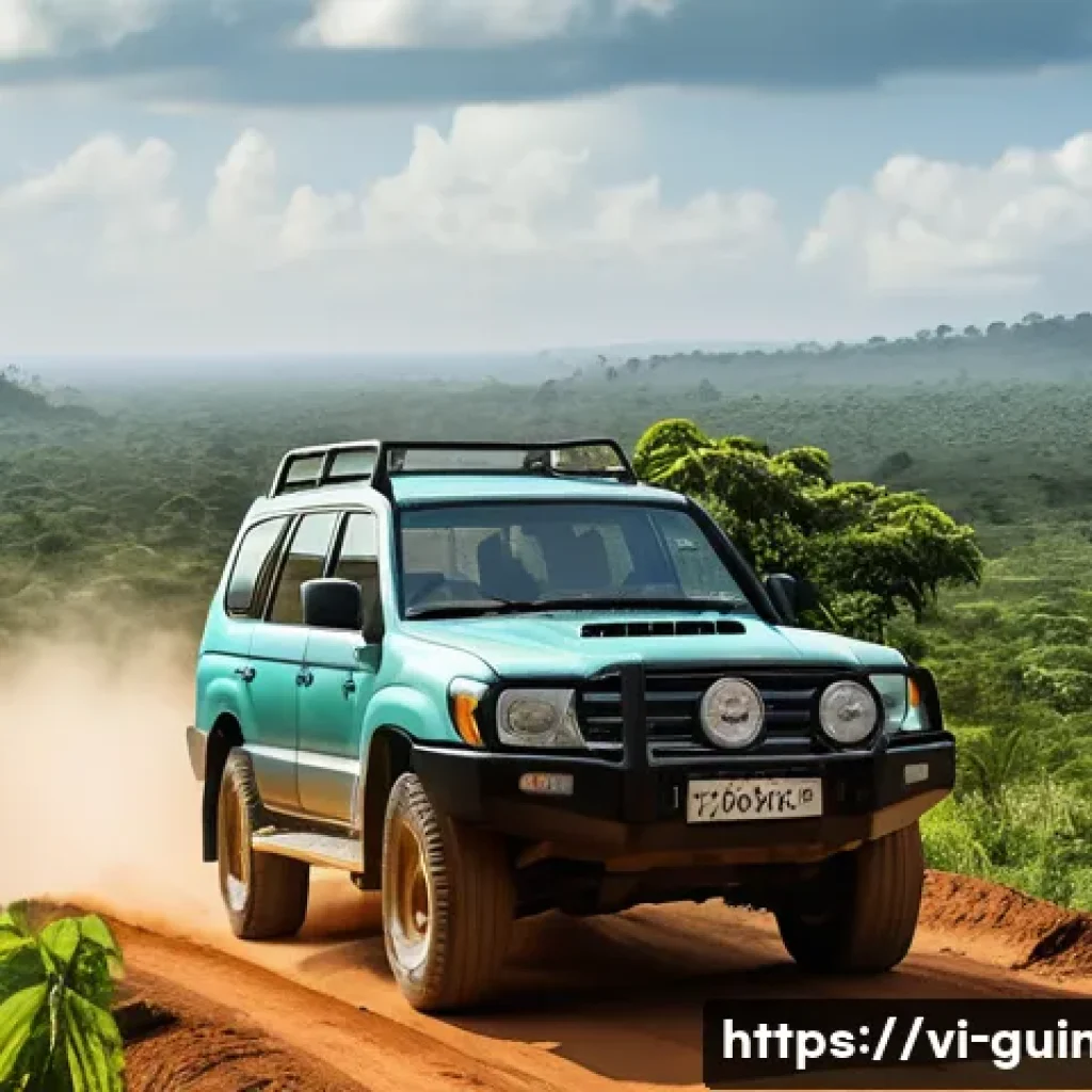 기니에서 차량 렌트 시 유의 사항 - **Prompt:** "A powerful 4x4 SUV, specifically a rugged Land Cruiser model, confidently navigating a ...