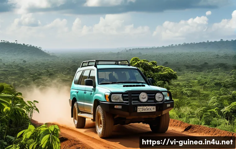 기니에서 차량 렌트 시 유의 사항 - **Prompt:** "A powerful 4x4 SUV, specifically a rugged Land Cruiser model, confidently navigating a ...