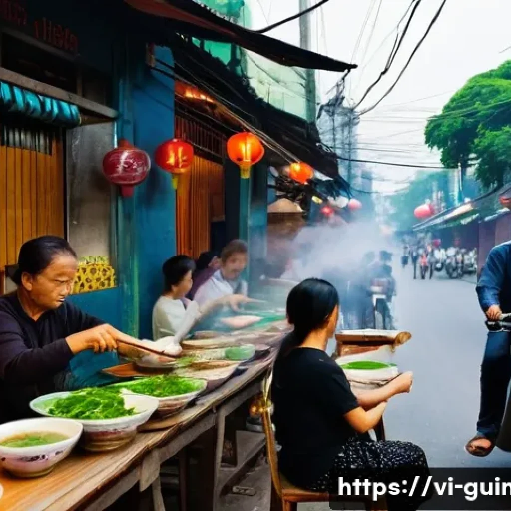 기니 거리 음식 체험 - **Prompt:** "A vibrant, authentic scene of an adult, modestly dressed in casual Vietnamese attire, s...