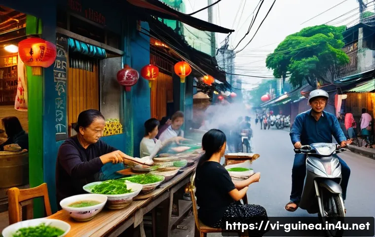 기니 거리 음식 체험 - **Prompt:** "A vibrant, authentic scene of an adult, modestly dressed in casual Vietnamese attire, s...