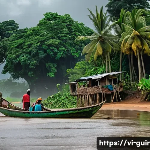 기니의 지역별 기후 차이 - A vibrant coastal village scene in Guinea during the tropical monsoon rainy season, featuring local ...