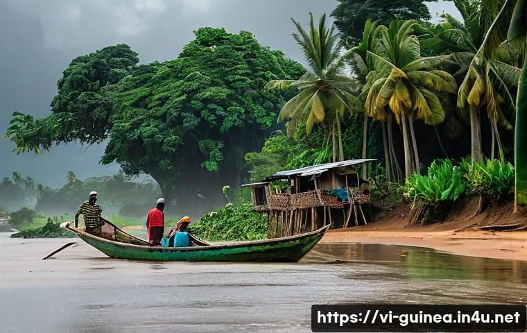기니의 지역별 기후 차이 - A vibrant coastal village scene in Guinea during the tropical monsoon rainy season, featuring local ...