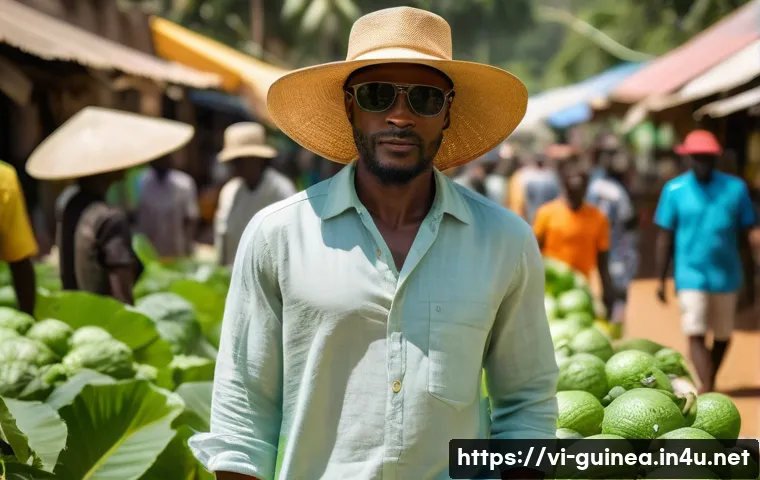기니에서 필수적으로 가져가야 할 여행 아이템 - A traveler dressed in lightweight, breathable clothing suitable for a tropical climate in Guinea, we...