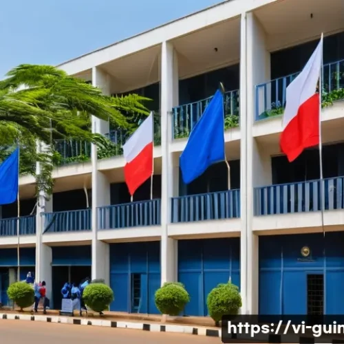 Home 32 기니에서 주재하는 외국 대사관 및 영사관 정보 - A detailed, vibrant scene of a modern embassy building in Conakry, Guinea, showcasing a French embas...