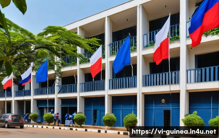 기니에서 주재하는 외국 대사관 및 영사관 정보 - A detailed, vibrant scene of a modern embassy building in Conakry, Guinea, showcasing a French embas...
