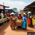 Home 19 기니에서 현지인과 원활하게 소통하는 법 - A vibrant market scene in Guinea showcasing local people engaging in daily communication; men and wo...