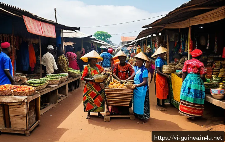 기니에서 현지인과 원활하게 소통하는 법 - A vibrant market scene in Guinea showcasing local people engaging in daily communication; men and wo...
