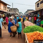 Home 18 기니에서 가장 큰 도시 - A vibrant early morning scene at Marché Madina in Conakry, bustling local market filled with colorfu...