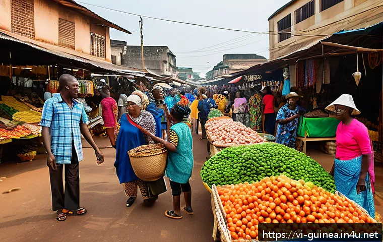 기니에서 가장 큰 도시 - A vibrant early morning scene at Marché Madina in Conakry, bustling local market filled with colorfu...