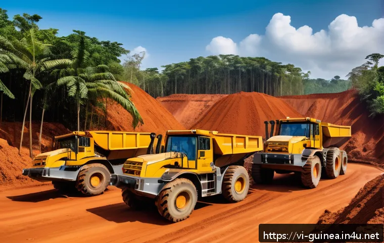 기니에서 사업하기 좋은 산업 - A vibrant mining site in Guinea showcasing modern bauxite and gold extraction operations, with advan...
