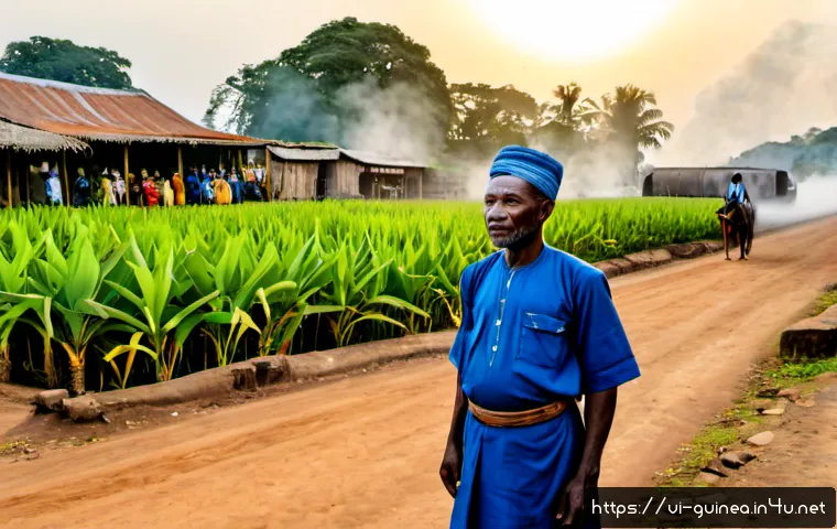 Home 17 기니 역사와 식민 지배 - Photorealistic historical scene in French colonial-era Guinea, West Africa, late 19th century: a dig...