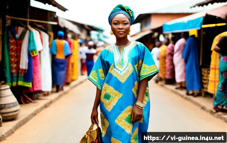 기니에서 유행하는 패션 스타일 - Photorealistic street-style portrait in Conakry, Guinea, a confident young adult wearing a vibrant t...