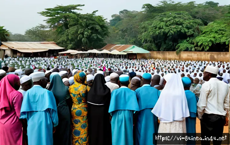Home 17 기니 장례 문화와 의식 - Photorealistic respectful Guinean Muslim funeral gathering in Conakry, adult mourners in modest trad...